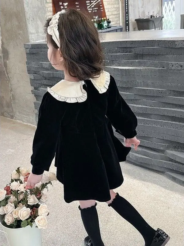 1-9Years Toddler Baby Girl Fall Long Sleeve Dress Children Black Princess Dresses for Girls Peter Pan Clollar Party Outfits 4 5