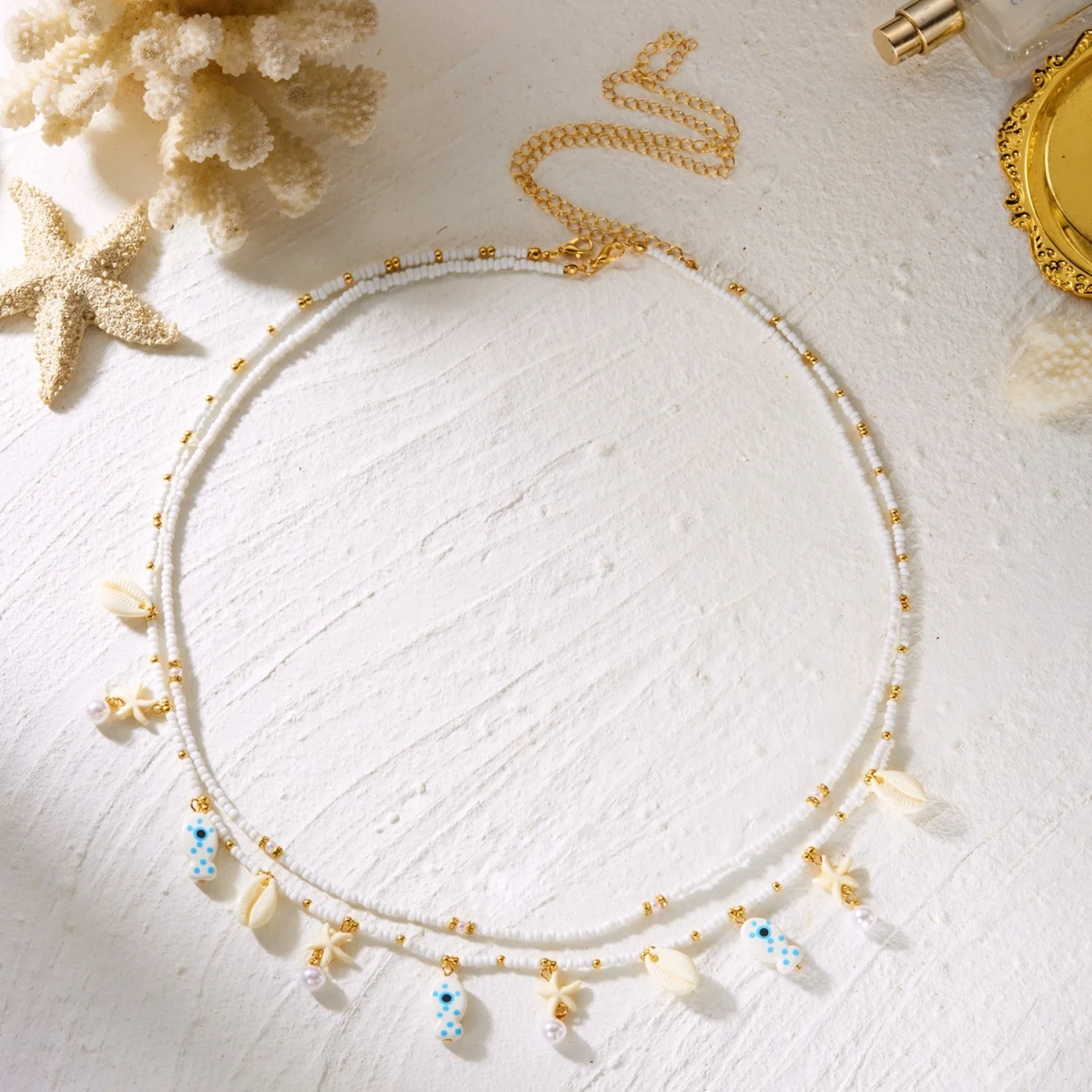 Acryl-Seestern-Muschel-Keramik-Fisch-Reisperlen-Taillenkette für Damen und Herren, doppellagige Delfin-Körperkette, böhmischer Körperschmuck – Detail 15