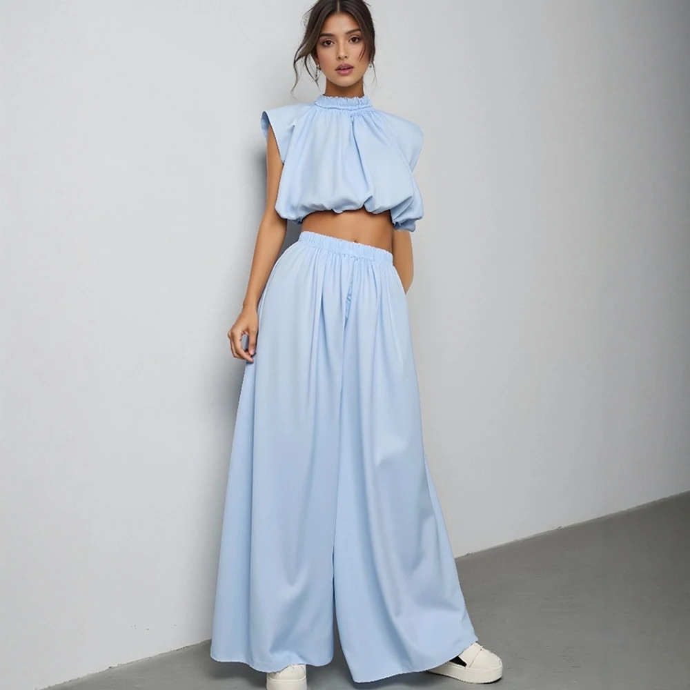 Mia Muse Boutique طاقم الرقبة اقتصاص عالية الخصر واسعة الساق مجموعات يومية للنساء لائق K-Fashion بلون طيات تحلق كم