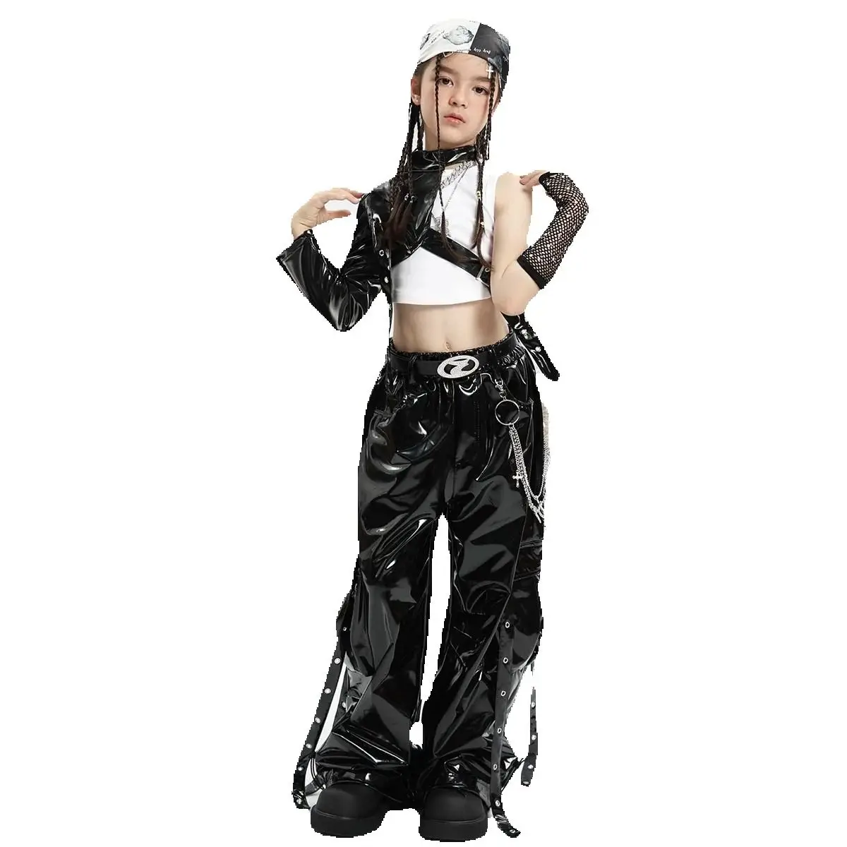 Dziecięcy strój sceniczny Kpop Kids Cool Hip Hop Clothing Girls Black Leather Top Pants Jazz Dance Costume StreeT Wear XS8985
