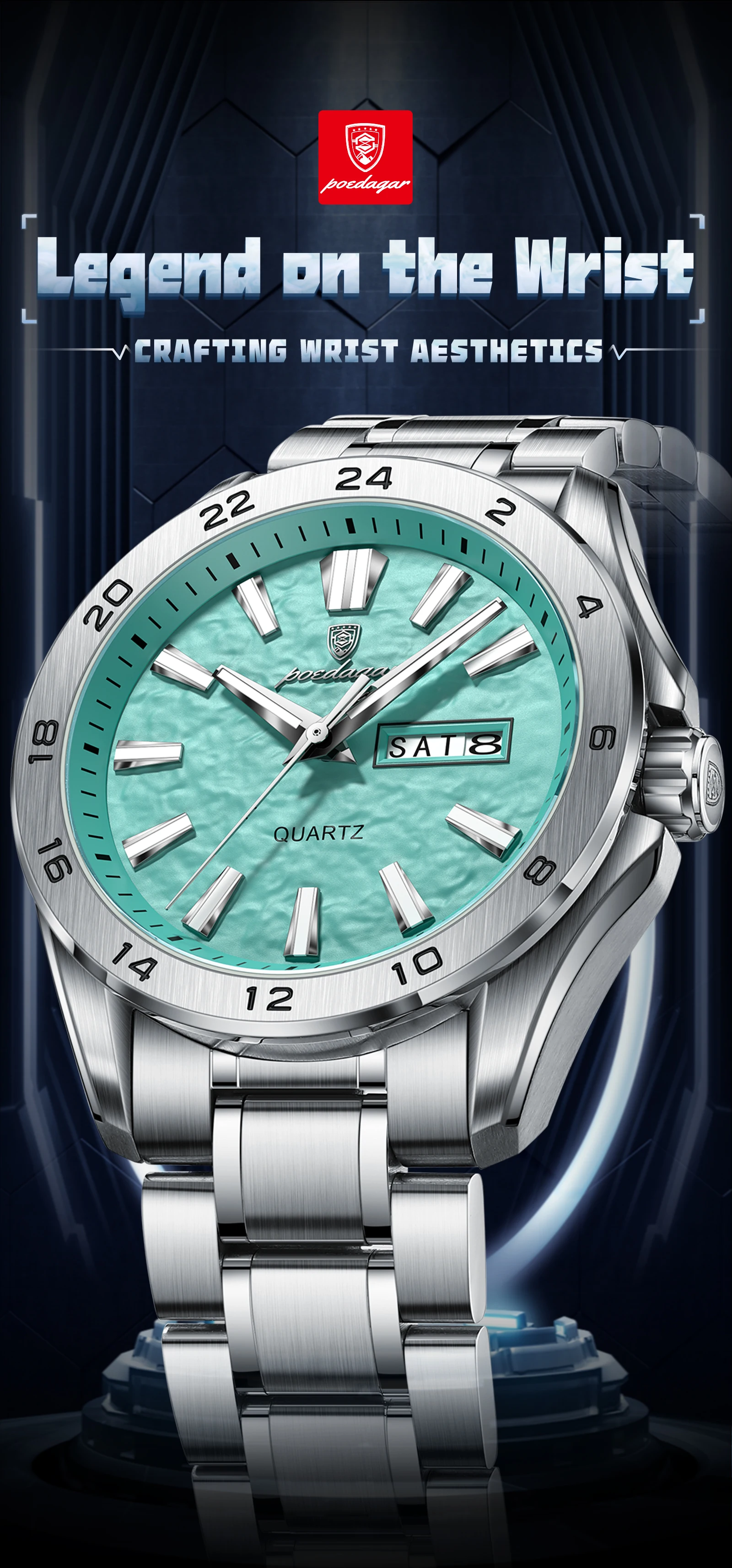 POEDAGAR Top-Mode Herrenuhr, Business, Leuchtend, Wasserdicht, Edelstahl, Herrenuhr mit Datum, Wochentag, Quarz, Sportuhr, Herrenuhren, Reloj – Detail 2