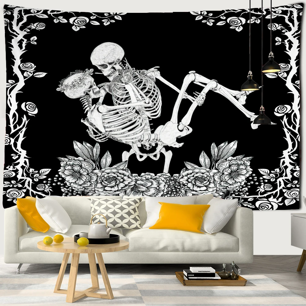 

Print Skull Couple Kissing lovers Skeleton Tapestry Star Moon Psychedelic Bohemian Wall Cloth Skeleton Rose Flower Blanket