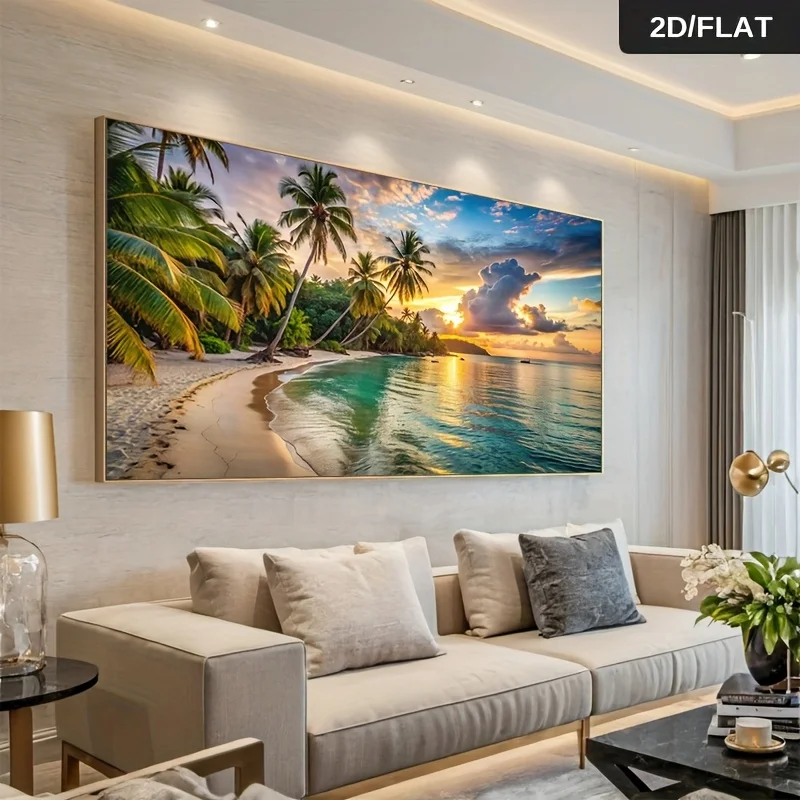 Modern Tropical Beach Sunset Wall Art with No Frame, Print, Palm Trees & Golden Sands,Hawaiian Decor for Living Room