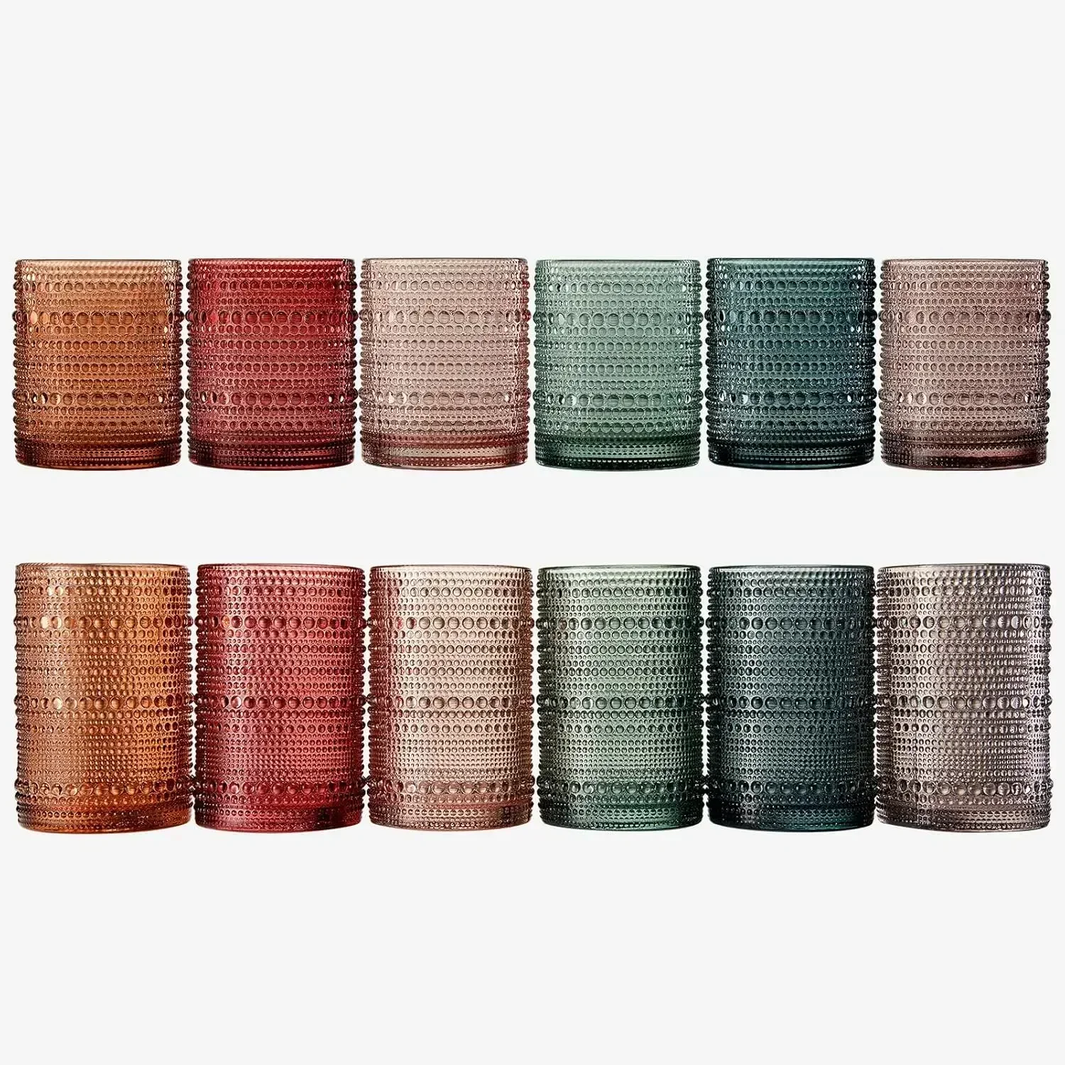 Hobnail Beaded Highball Drinking Tumbler Glasses | Set of 12 | Color, Vintage Bubble Design Whiskey Glassware, Old-Fashioned, Em