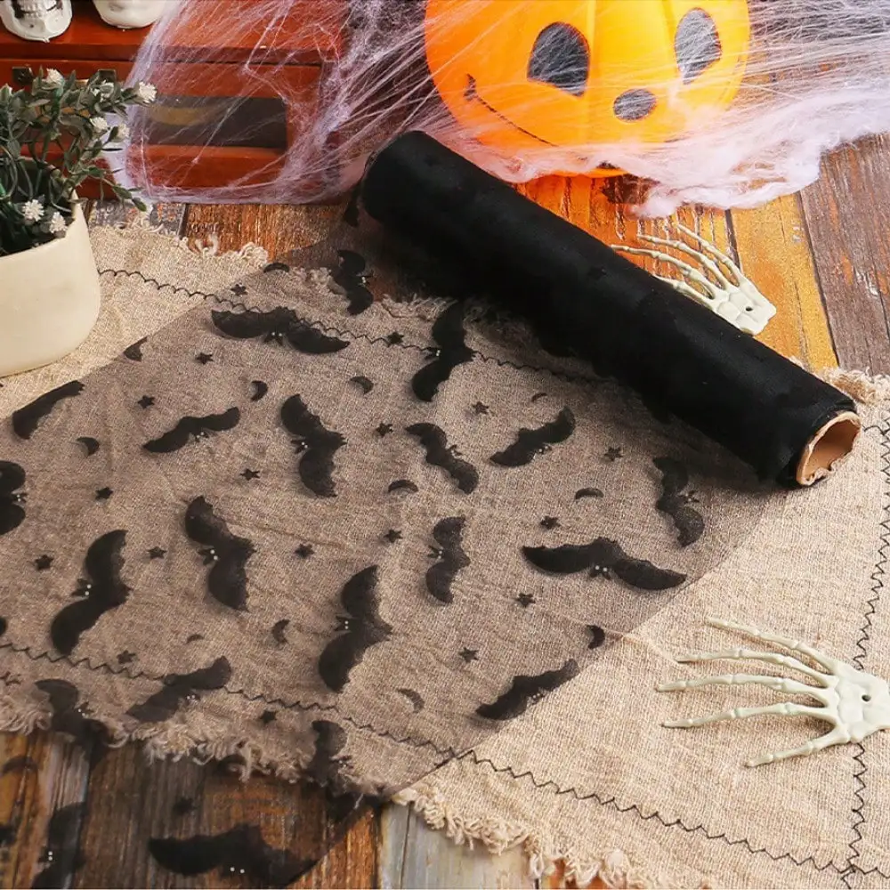 Halloween Tulle Placemats Table Runner Gauze Texture with Spider Web & Bat Prints Spooky Dining Decor for Parties Table Settings