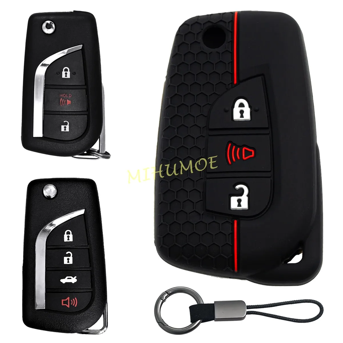 

Silicone Car Flip Key Fob Chain Ring Case Cover Holder For 2018-2025 Toyota Hilux Camry SE RAV4 C-HR Corolla LE 2024 2023 2022