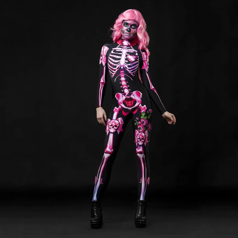 Kostium Cosplay Halloween szkielet kombinezon dla kobiet dziewczynki różowa róża kobieta seksowna czaszka przerażające kostiumy dziecięce body z nadrukiem 3D wa