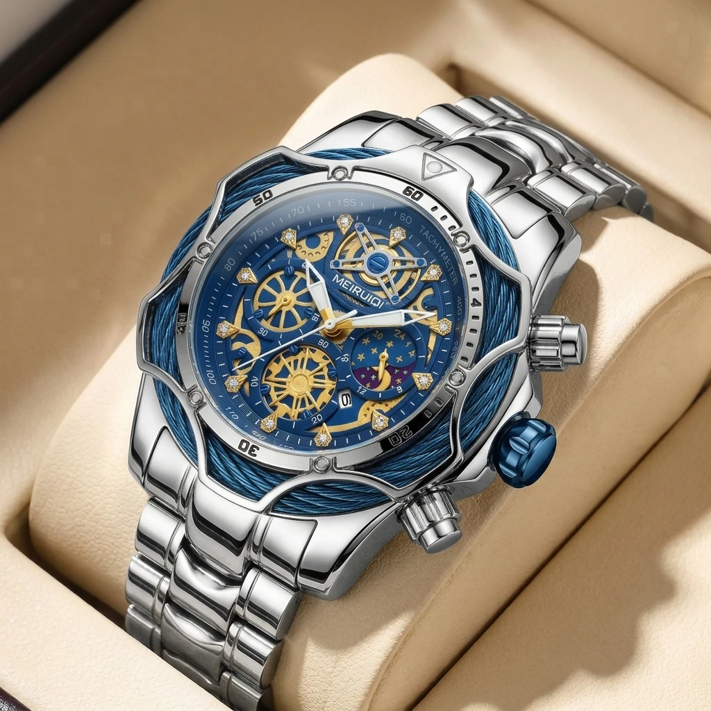 1 Stück Trendige Modische Hohle Mechanische Herrenuhr mit Persönlichem Blauem Zifferblatt, Coole Trendige Uhr