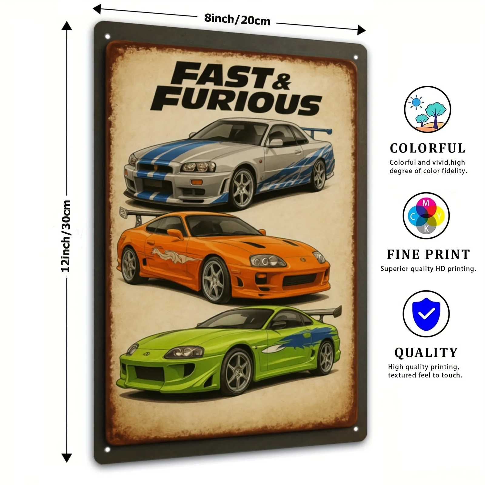 Plaque Métallique Haute Définition Fast & Furious, Voitures de Sport Classiques, Décoration Murale Rétro JDM pour Garage et Cave à Hommes, Vintage