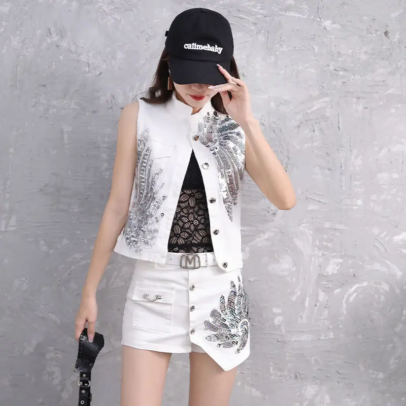 Women Summer Fashion Denim Set 2024 Female New Korean Sequin Phoenix Standing Collar Vest Short Skirt Pants Two-piece Set