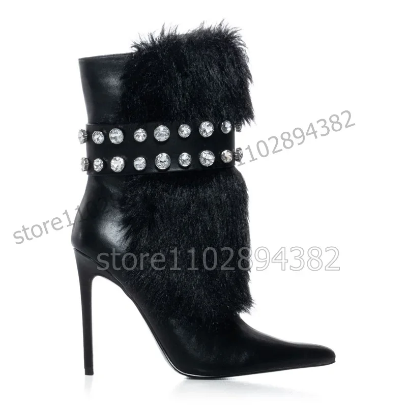 

Black Pink White Crystal Fur Decor Pointy Toe Boots Side Zipper Women Shoes Thin High Heels New Fashion 2023 Zapatos Para Mujere