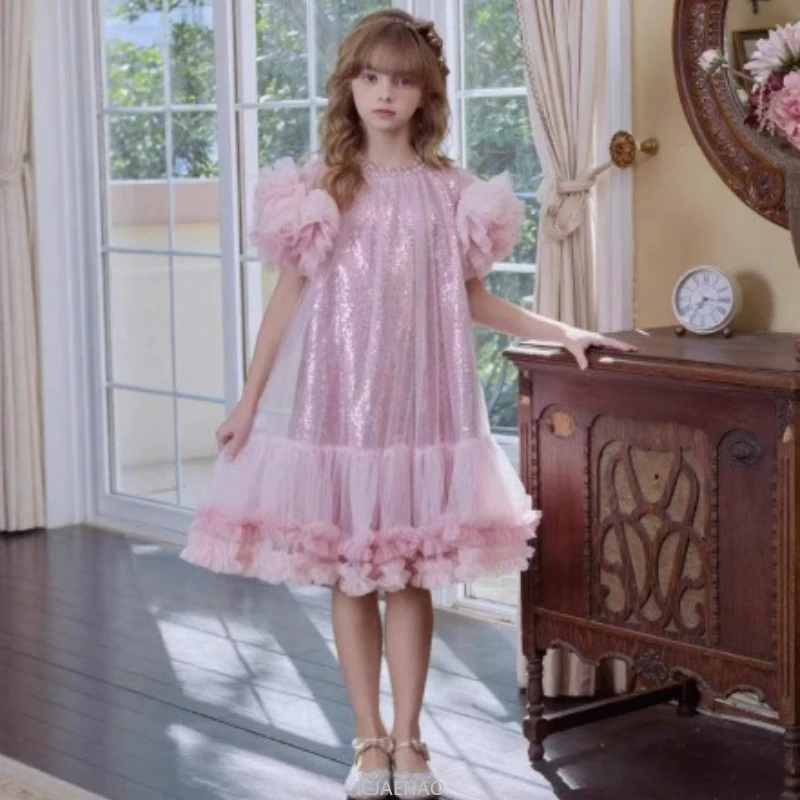 Holiday Dresses Party Costume Children Girls Puff Sleeve Tulle Cake Dress Birthday Party Kids Cute Fashion Outfit Princess Gown