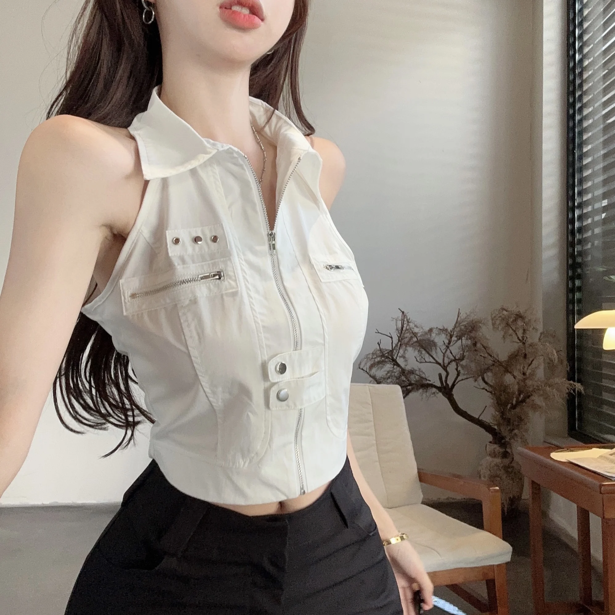 American Retro Hot Girl Zipper ter Ne Workwear Tank Top Summer New Sle Svel Outfit ort Length Pure Color