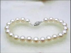 AAA 7.5-8 inch Gorgeous AAA+ 8-9mm natural Akoya white pearl bracelet 14K white gold