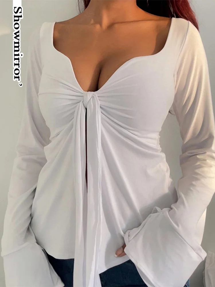 Showmirror-Camiseta básica de manga larga para mujer, Rebeca Sexy de corte bajo con cuello cuadrado, con abertura y cordones, para otoño