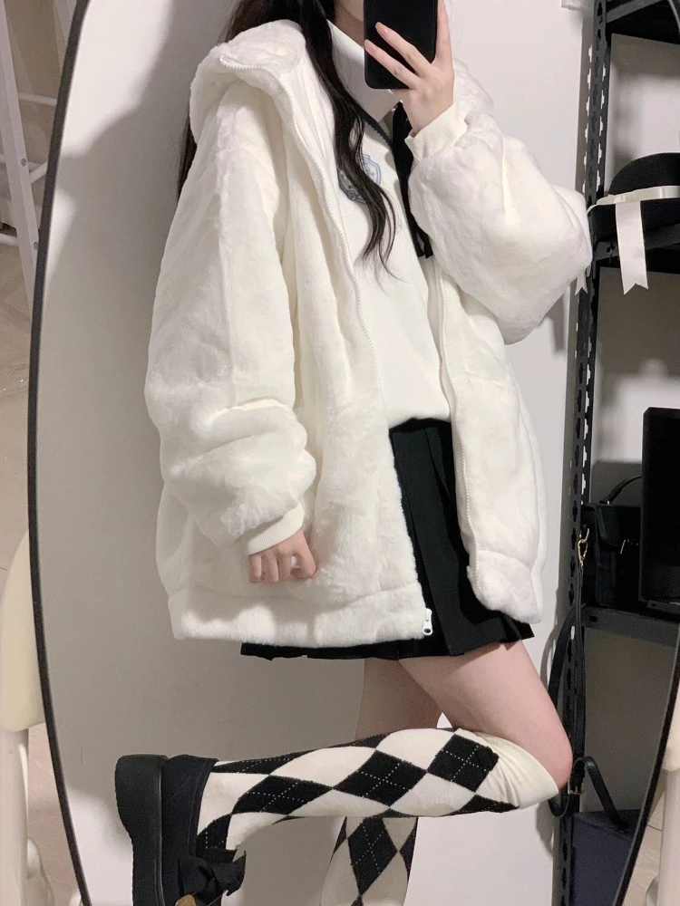 KOSAHIKI Japanese Kawaii Fluffy Coat Y2k Women Aesthetic Fairy Grunge Jacket Warm Outwear Ber Ear Hooded White Jackets Cute Top