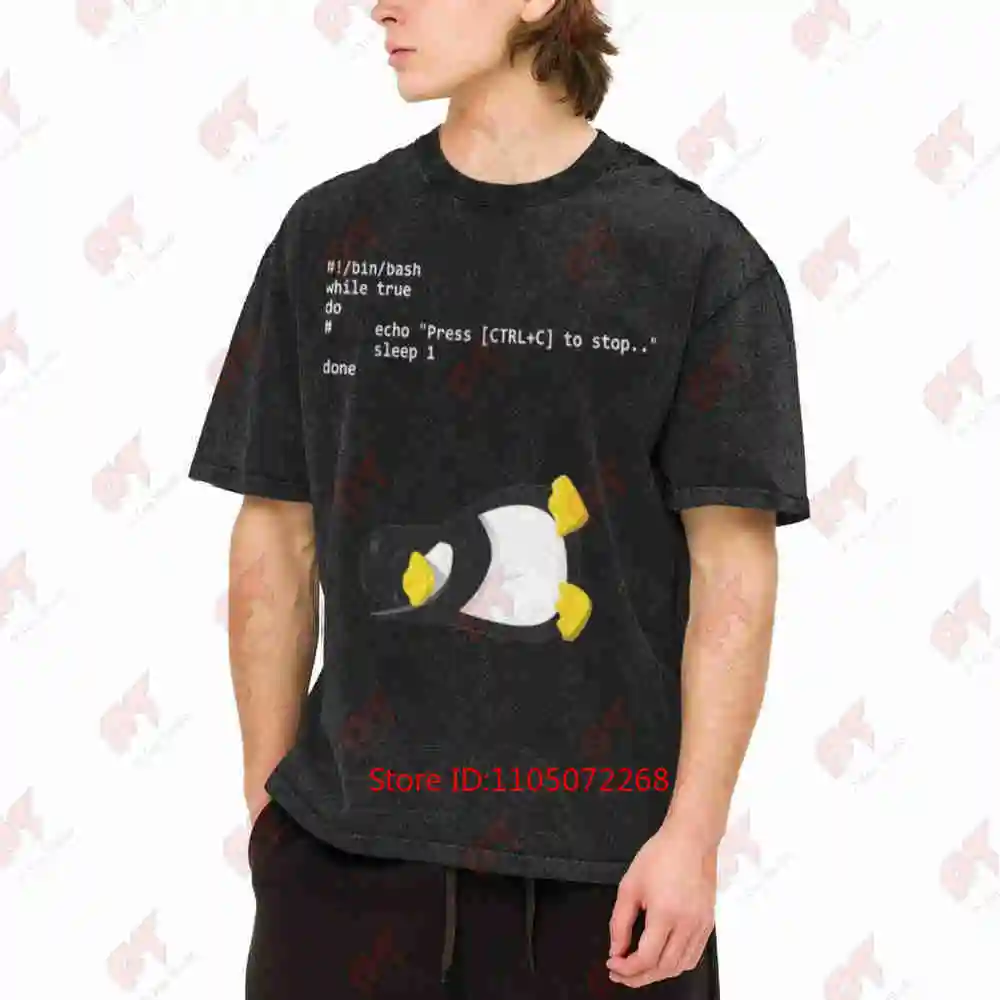 Sleeping Tux Loop Linux Geek Nerd Penguin Vintage Washed Tee Pure Cotton T-Shirt
