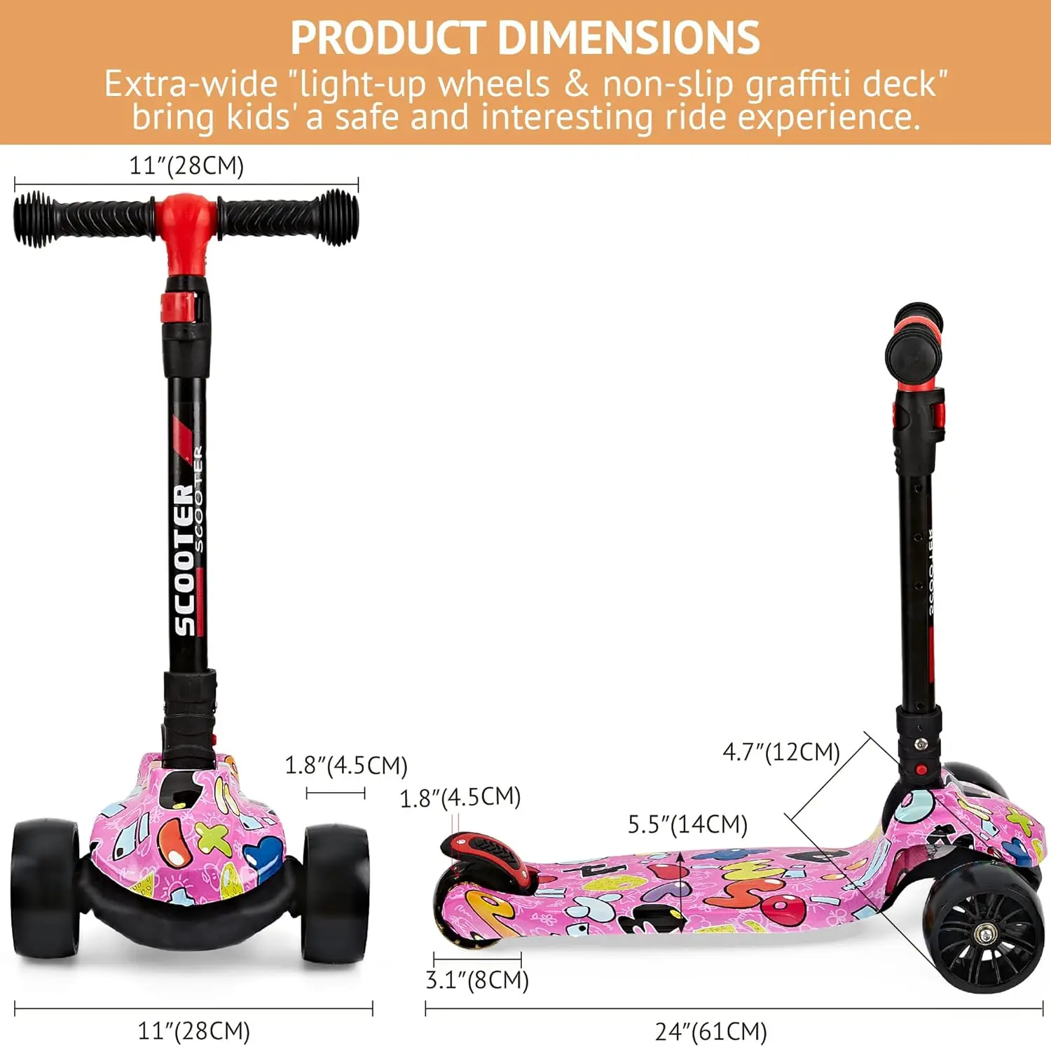 Lot de 2 trottinettes pour enfants de 3 à 12 ans, trottinette pliable et réglable avec tambours graffiti, pont antidérapant et roues extra larges