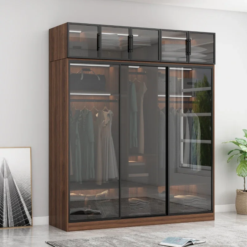 Customized Nordic large wardrobe glass door solid wood sliding door modern simple light luxury wardrobe cloakroom  cabinet