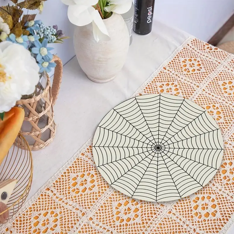 VIKAMA Simple Black Spider Web Placemat - Heat Resistant Insulated Table Mat, Gothic Halloween Tray & Dining Decor
