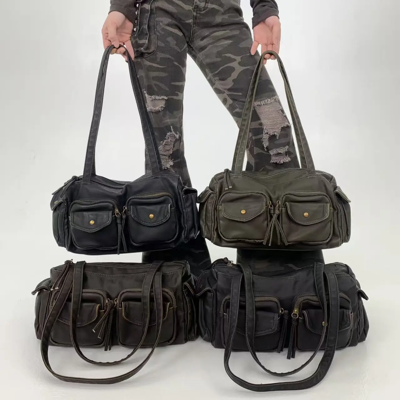 

Ladies' new retro tote bag multiple pockets single shoulder crossbody bag motorcycle bag large capacity single shoulder bag