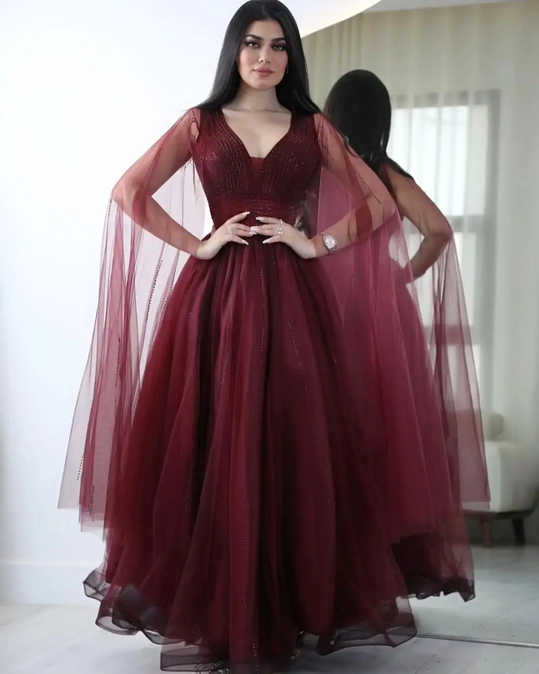 Fashionvane Perfect Hot Drill Tulle Vestidos Prom Dresses 2023 V Neck Flutter Sleeves Evening Party Gowns for Saudi Arabia Women