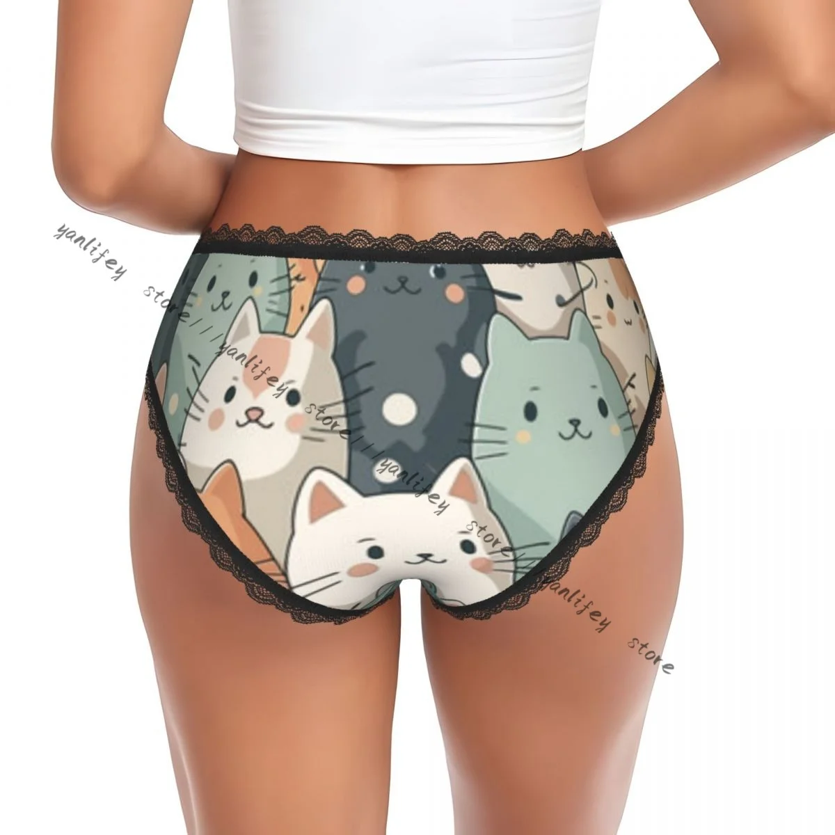 Women Lace Triangle Underwear Cats Pattern Daily Panties