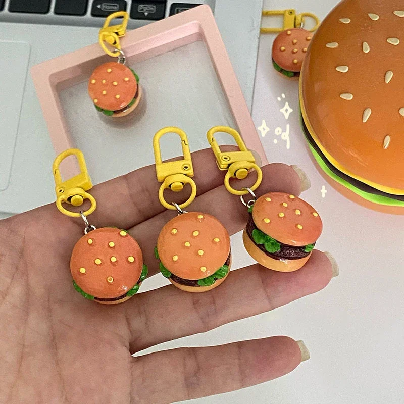 Mini Cartoon Simulation Hamburger Keychain Food Pendant Key Ring Creative Cute Food Hamburger Mobile Phone Straps Accessories