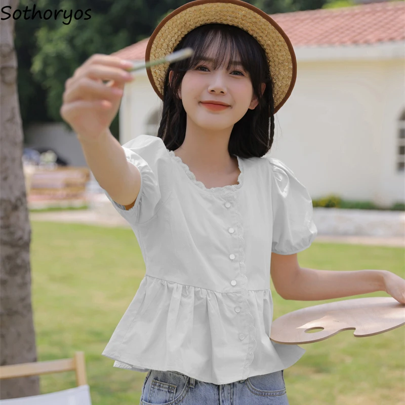 Shirts Women Summer Preppy Style Fashion Sweet Puff Sleeve Design Casual Ulzzang Fashion Aesthetic Breathable Рубашка Женская