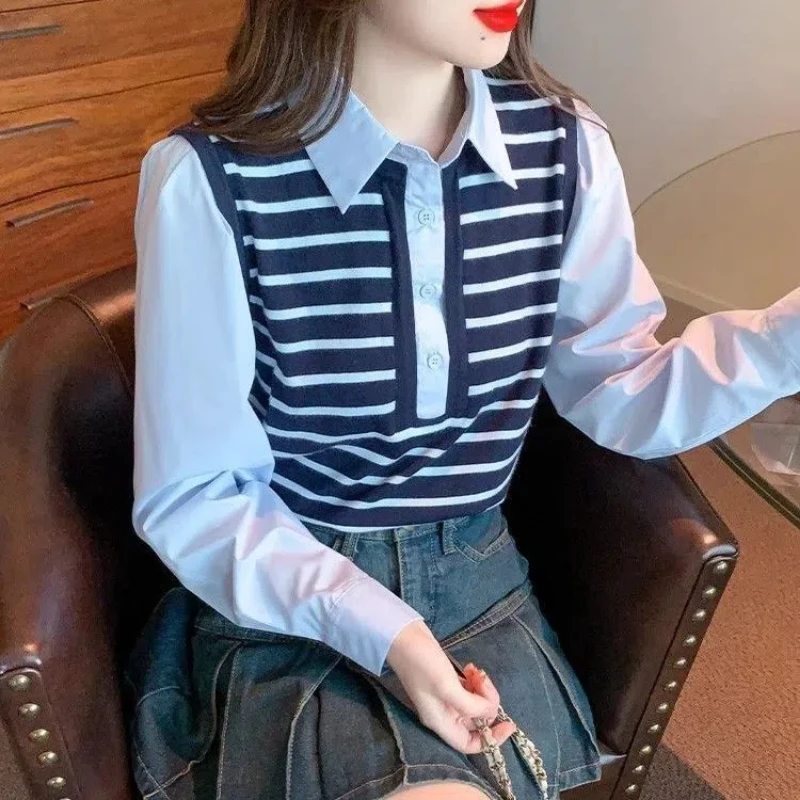 Autumn Winter New Fashion Turn-down Collar Long Sleeve Striped Pullovers Women\'s Clothing Fake Two Pieces Knitting Korean Tops