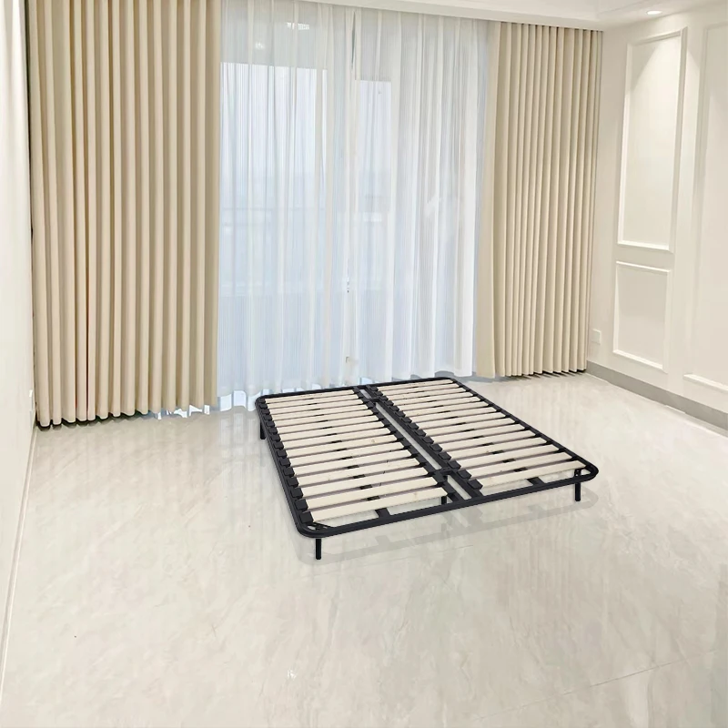 Home Bedroom Dormitory Strong Structure Solid Slats Two Middle Bar Bed Frame Queen Metal Bed Frame Mattress Base With Leg