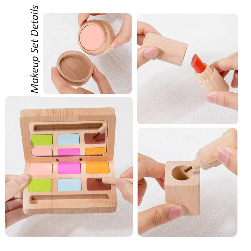 Wooden Pretend Play Toy Makeup Kit Cosmetic Bag Doctor Imitation Game Tool Set Toys for Girls and Boys Interest Development Gift