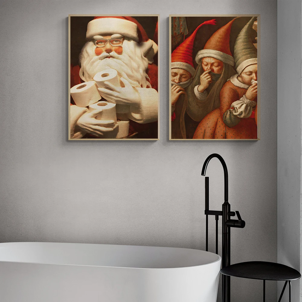 Funny Santa with Roll Paper Posters Humour Elf Bad Smell Prints Canvas Painting Wall Art Pictures for Toilet WC Bathroom Decor