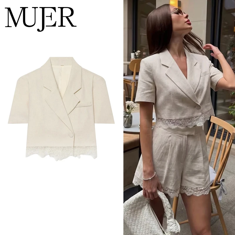 Blazer de Encaje para Mujer, Traje de Blazer Casual de Manga Corta, Blazer Corto de Verano para Mujer, Conjuntos de Ropa Urbana para Mujer, 2 Piezas
