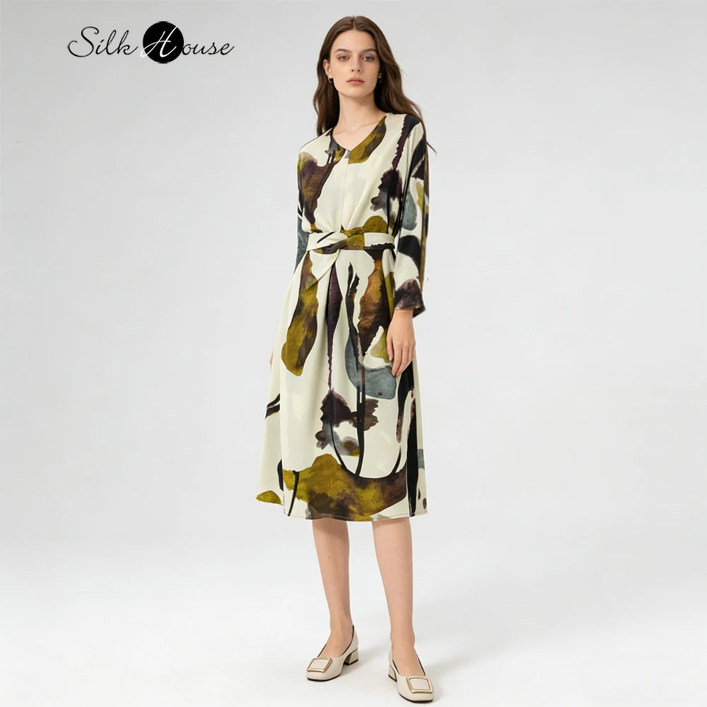 

Women's Fashion Clothing 100% Natural Mulberry Silk Crepe De Chine Ink Print V-neck Raglan Long Sleeved Waistband Dress