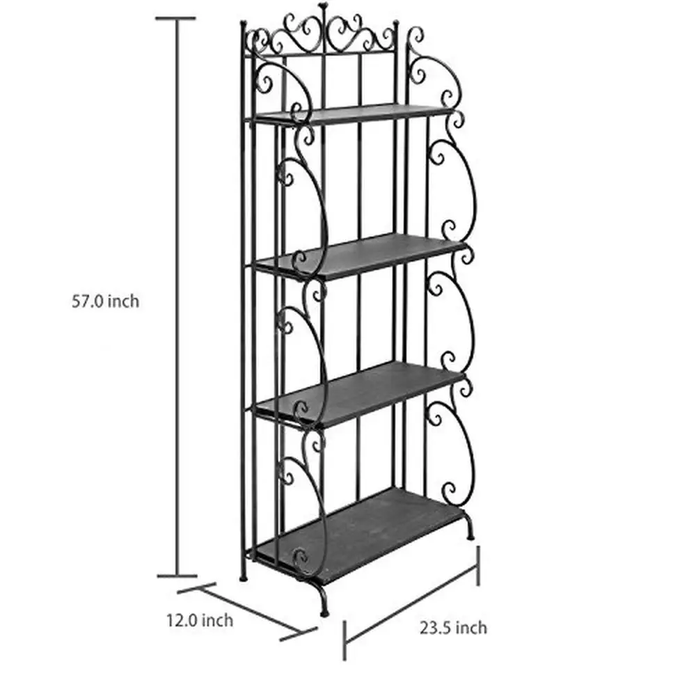 Black Metal Decorative Bakers Rack with 4 Tiered Shelves and Scrollwork Frame Indoor Plant Stand and Bookshelf Organizer