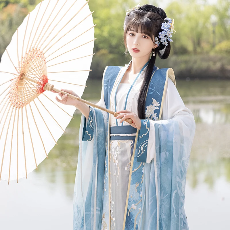 

Chinese Traditional Classical Dance Costumes Big Sleeve Fairy Costumes Song Dynasty Ancient Clothing Blue Hanfu Dress DQL7026