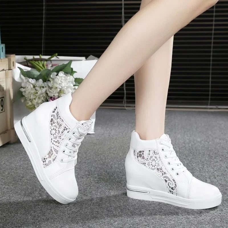 

Hot Seller Women Wedge Platform Sneakers Rubber Leather High Heels Lace Up Pointed Toe Height Increasing White Casual Shoes