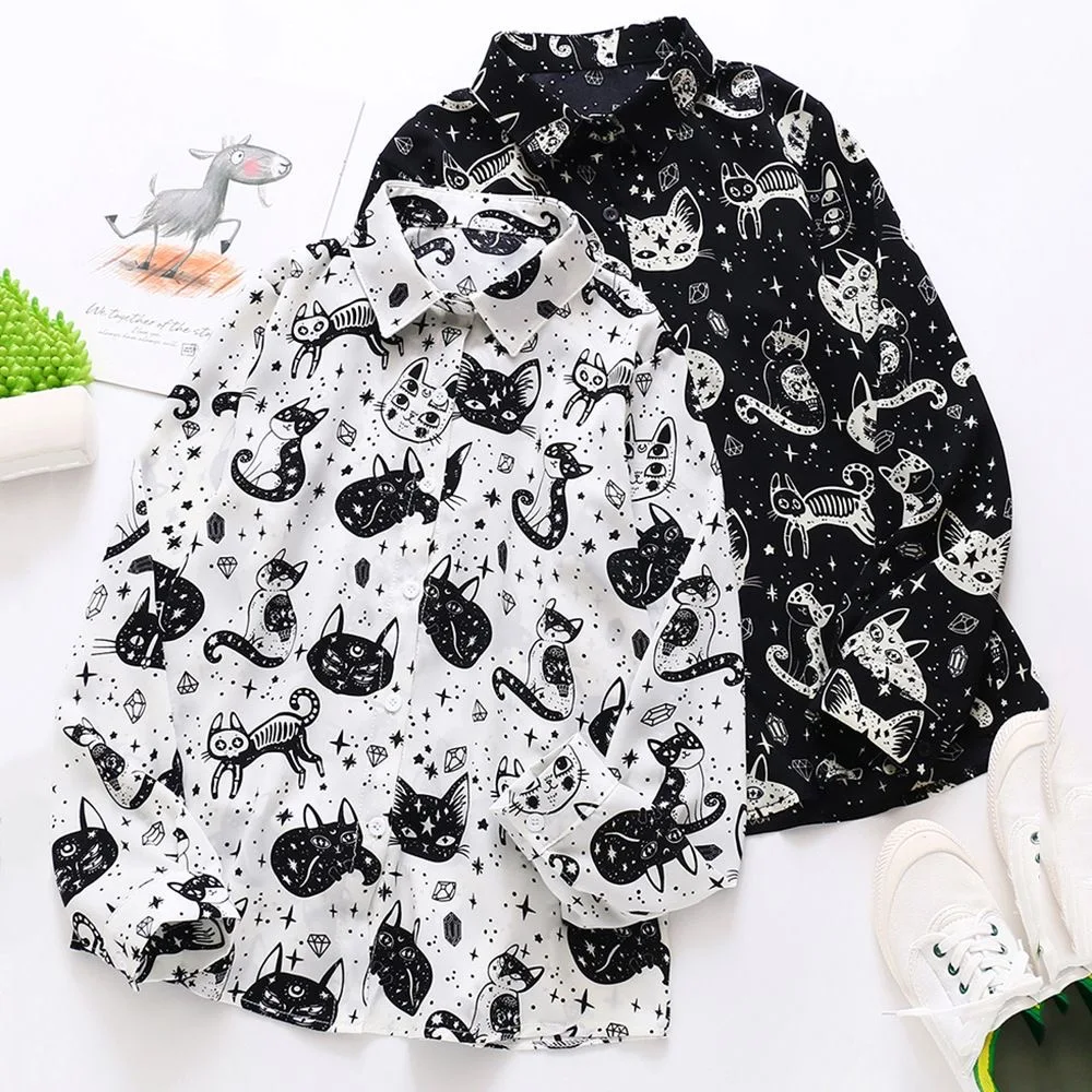 Kitty Print Shirt for Women Long Sleeve Turn-down Collared Button Down Cute Cartoon Blouse Ladies Spring Summer Kawaii Outfit