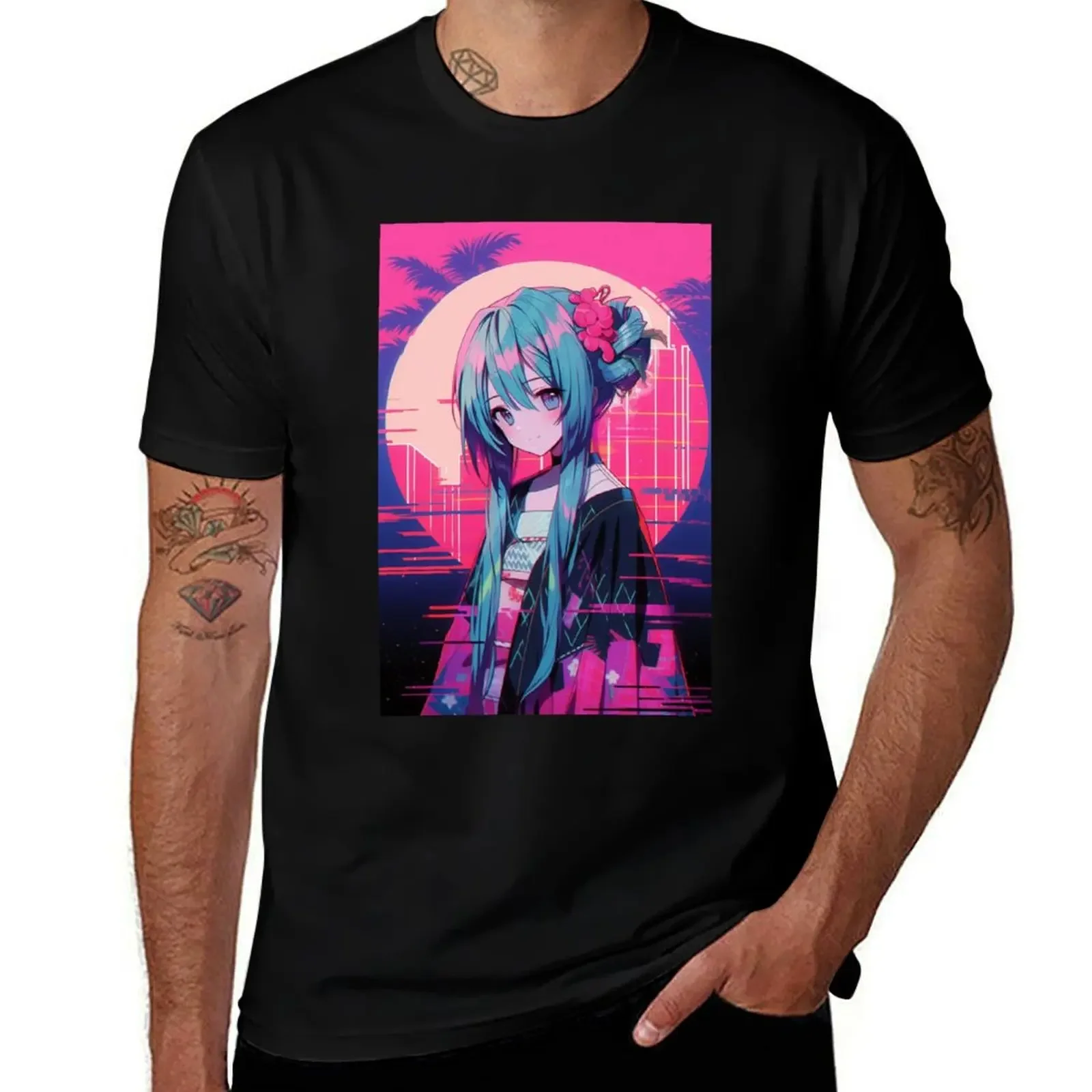 Synthwave Glitch Style Anime Girl T-Shirt oversized t shirt graphic shirts customs boys animal print mens designer clothes