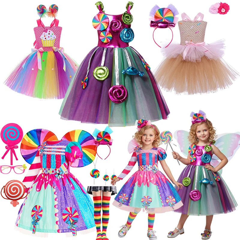 

Радужный костюм Пурима для девочек, детское яркое платье с леденцом и аппликацией, пышное праздничное платье, костюм принцессы, подарки-сюрпризы на день рождения