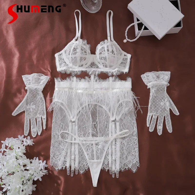 

Sexy Thin Lace Brief Sets with Underwire Women's Black White Push Up Underwear Bra Set Female Feather Intimates Outfits