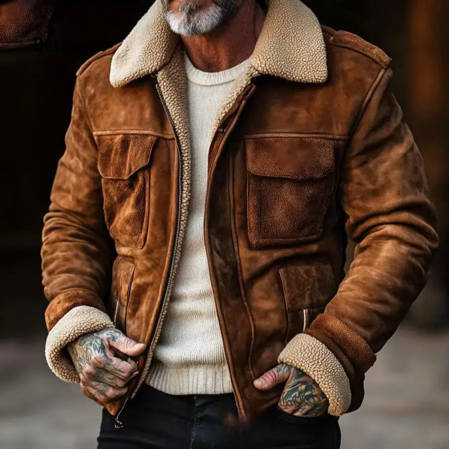 Men Fur Collar Zip Up Cargo Jacket Fleece Lined Warm Outerwear for Autumn Winter Daily Casual Cold Weather Wear