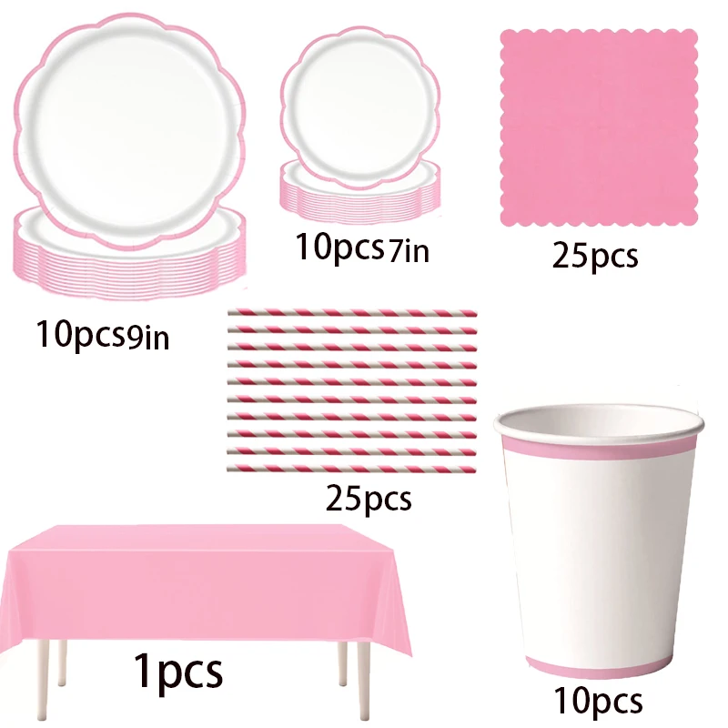 Ensemble de vaisselle jetable à bords festonnés roses, assiettes en papier, gobelets en papier, serviettes et nappe, fournitures de fête multi-thèmes
