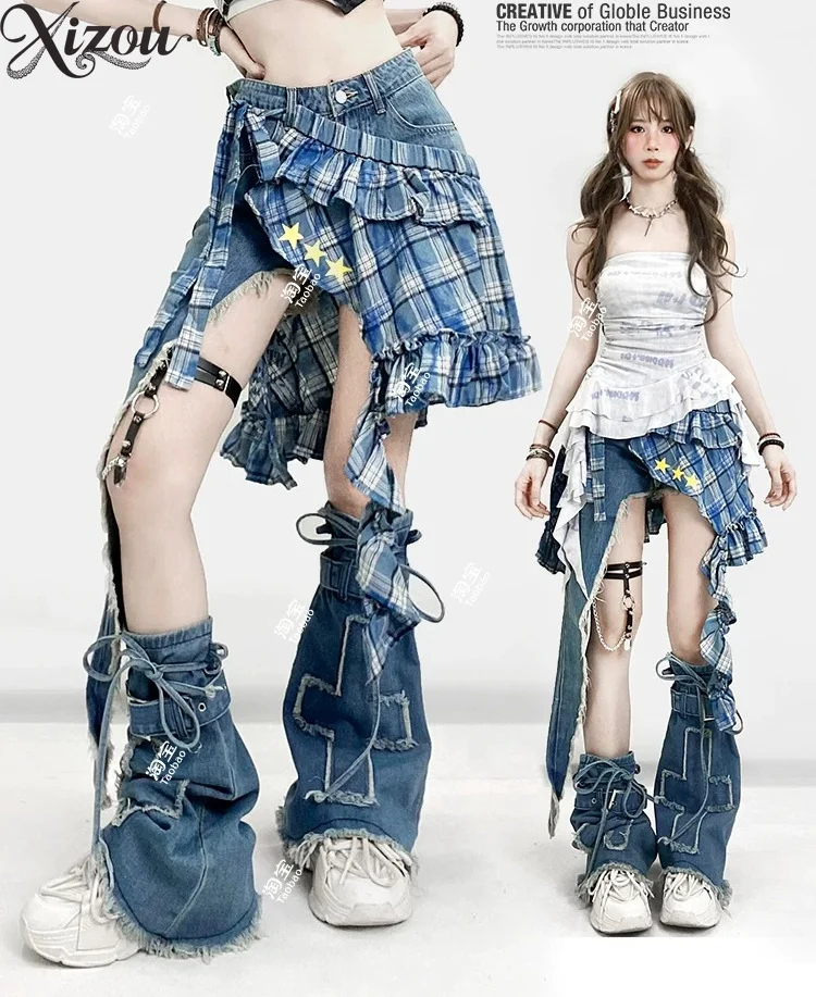 Women Y2K Alt Denim Shorts Set Plaid Ruffle Wrap Skirt Overlay Irregular Fringe Star Print American Vintage Stack Outfit 2026