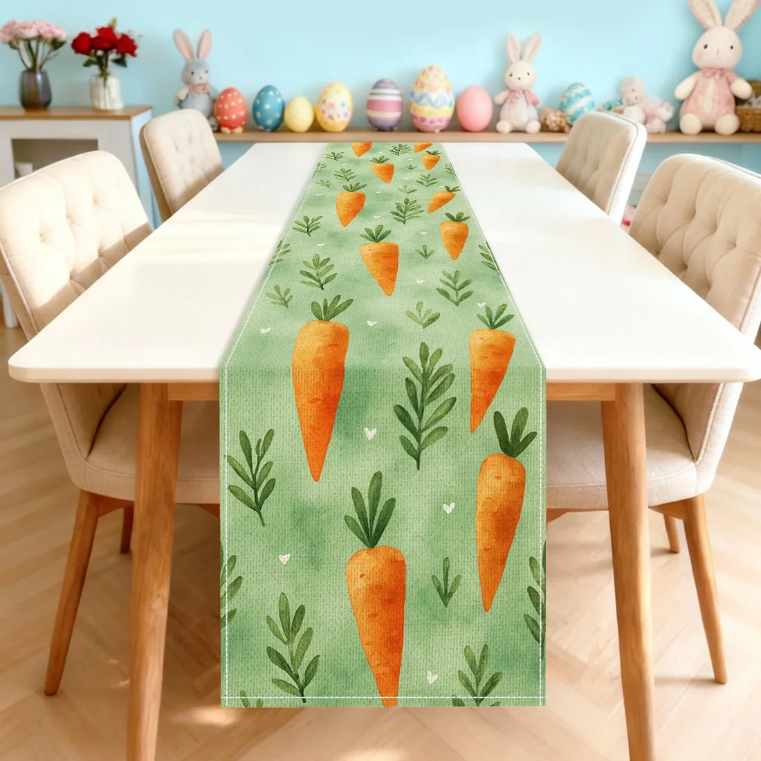 

Easter Watercolor Carrot Leaves Heart Digital Printed Linen Look 100% Polyester Table Runner For Dining Table & Home Decor