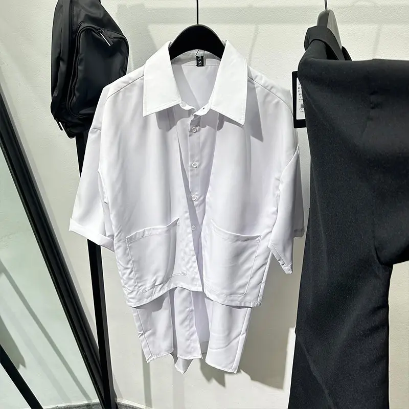 Design Fashionable Avant-Garde Fake Two Pieces Loose Short Sleeve Shirt Pu Handsome Retro Non-Ironing Top for Men and Women