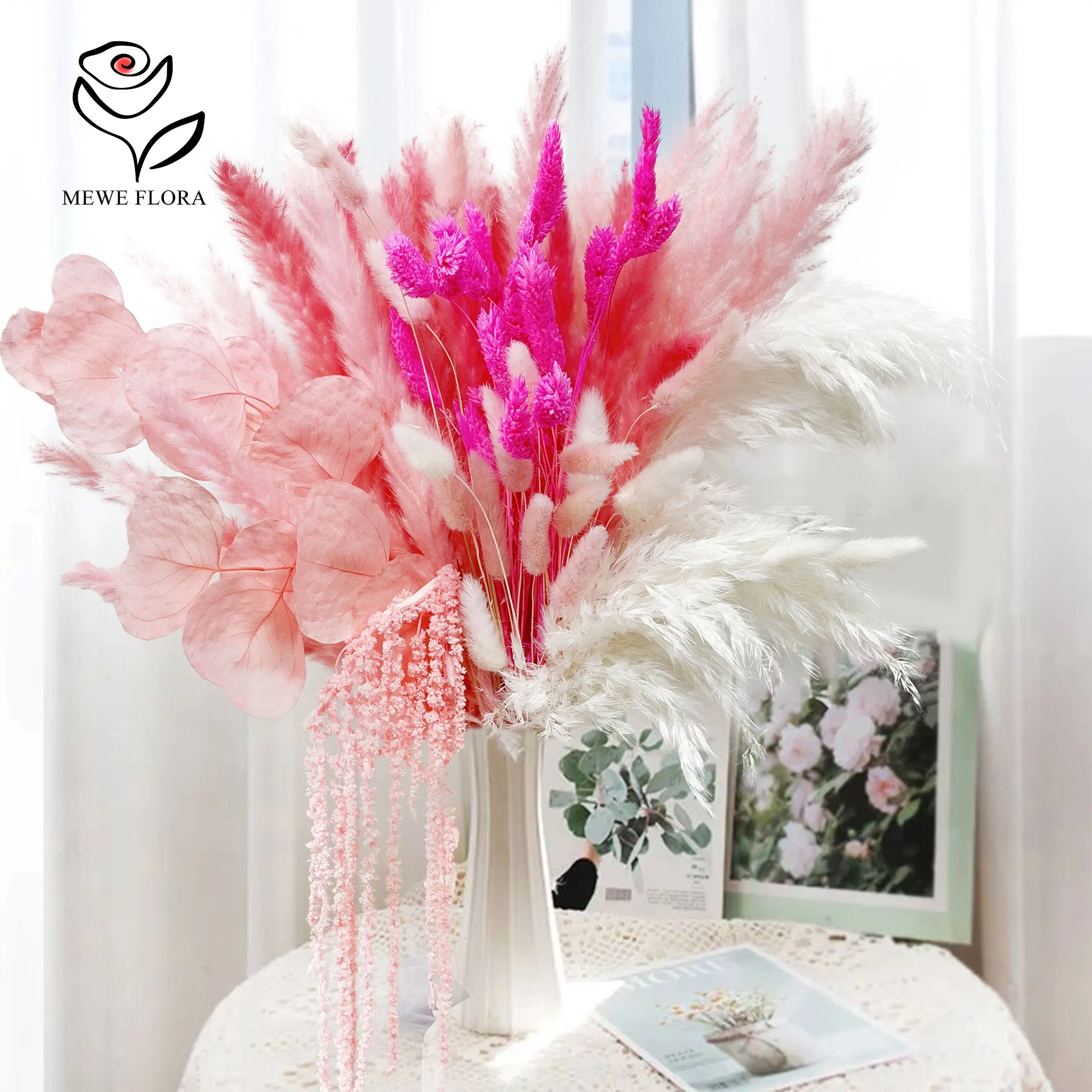 Natuurlijke Pampa 'S Roze Gedroogde Bloemen Konijnenstaarten Edelgras Boeket Bruiloft Decor Eucalyptus Blad Opknoping Rijst Huis Vaas Decoratie