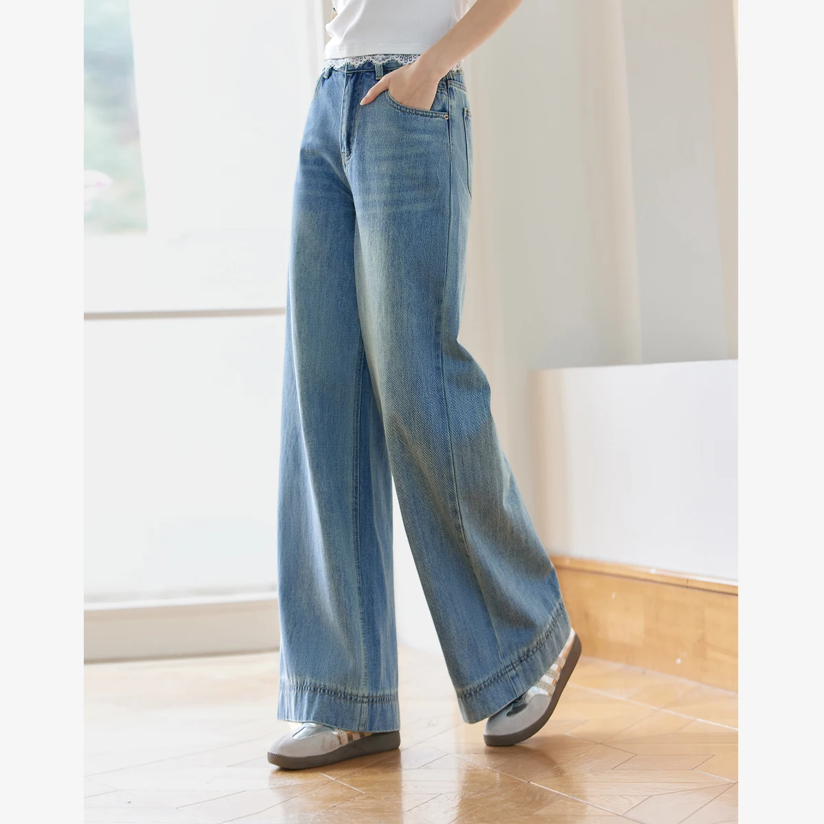 VIMLY 2025 Summer Women's Casual Denim Pants Washed High Waisted Straight Simple Office Womenwear Loose Wide Leg Trousers 75016