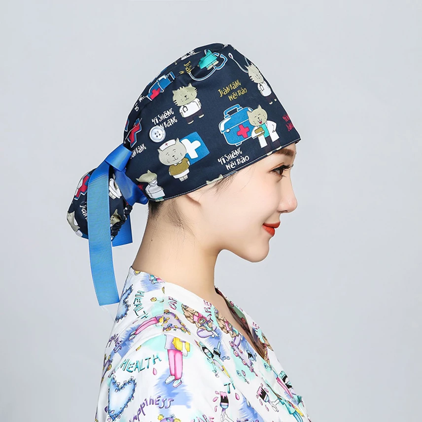 Women Operating Room Scrub Cap Long Hair Cover Cap Cotton Cartoon Printing Hats Beauty Work Hat Anti-Dirty Adjustable Doctor Hat